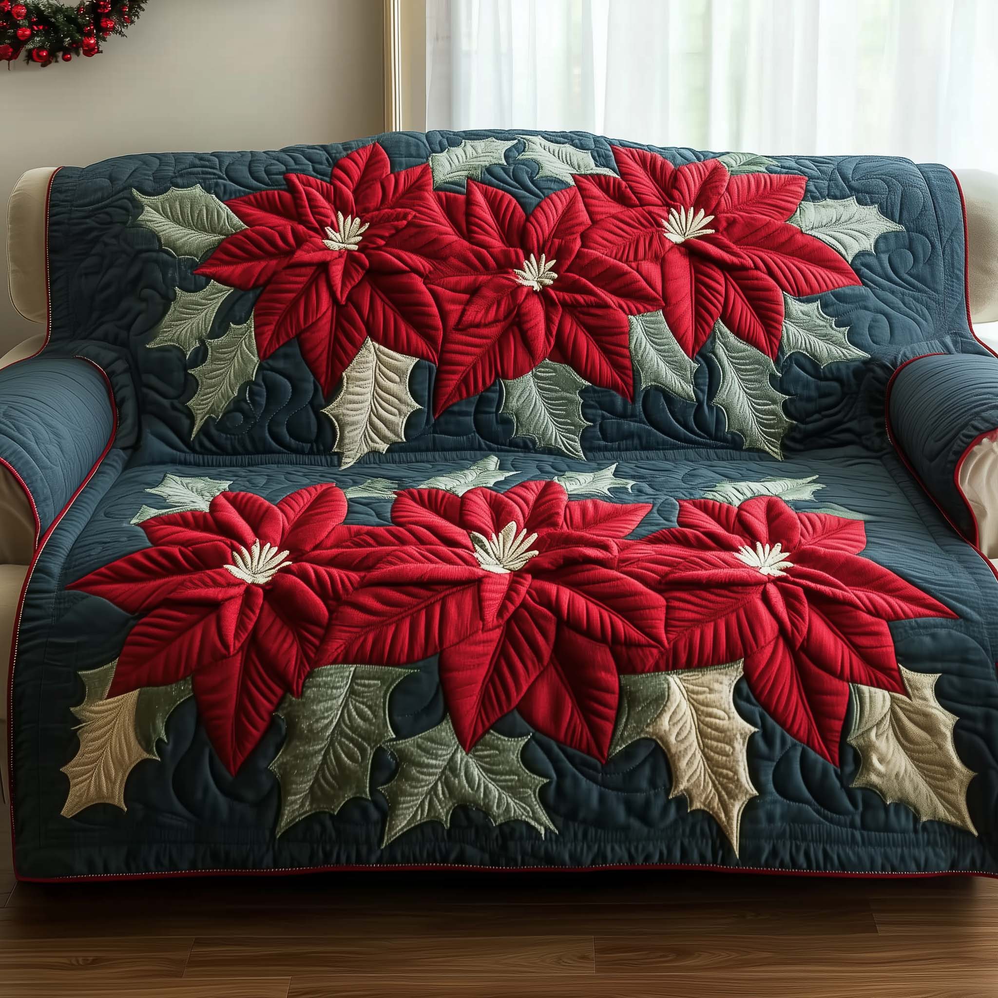 Poinsettia Charm Quilted Sofa Cover Classic Holiday Poinsettia Accent Gifts For Mom