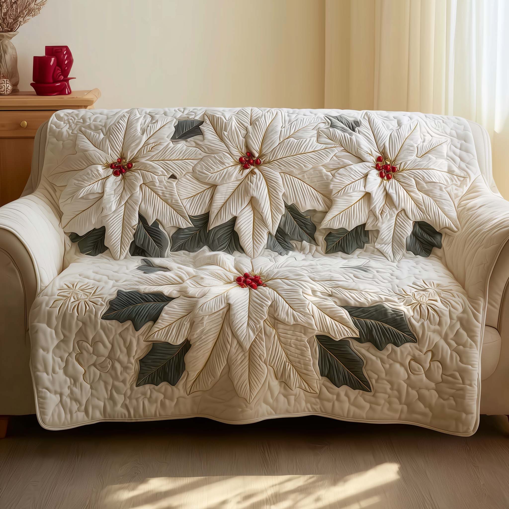 Poinsettia Charm Quilted Sofa Cover Elegant Yuletide Floral Gifts For Mom