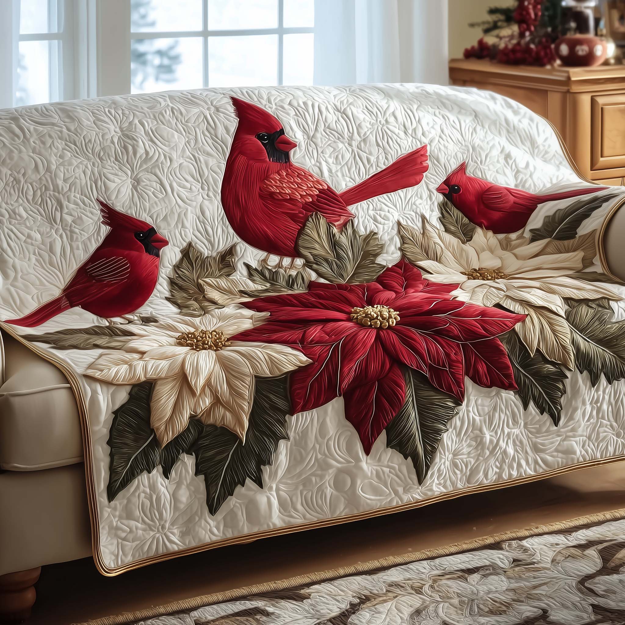 Poinsettia Charm Quilted Sofa Cover Festive Christmas Flower Design Red Cardinal Gifts For Mom
