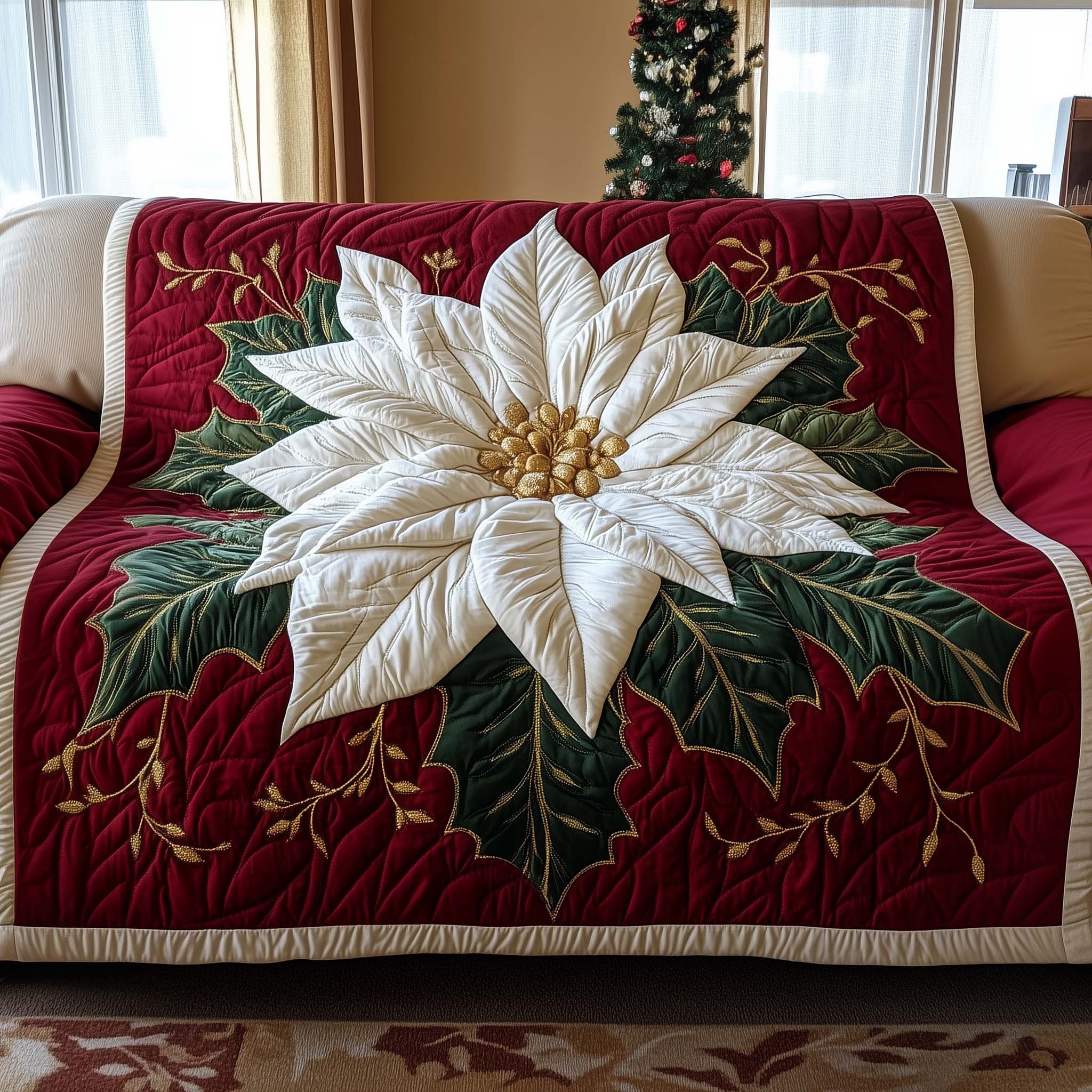 Poinsettia Charm Quilted Sofa Cover Vibrant Poinsettia Bloom Motif Gifts For Mom