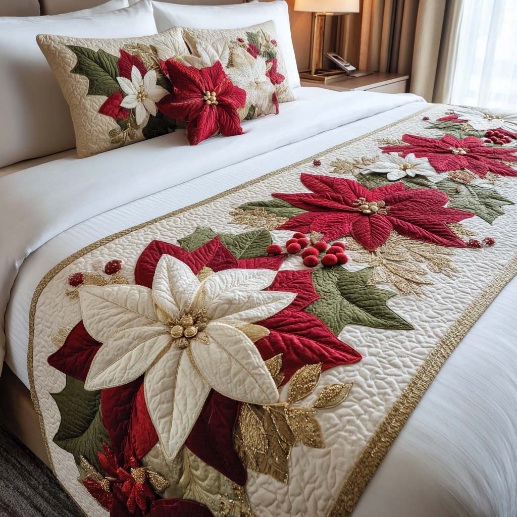 Poinsettia Christmas Bloom Quilted Bed Runner Christmas Bed Runner Holiday Gift Ideas
