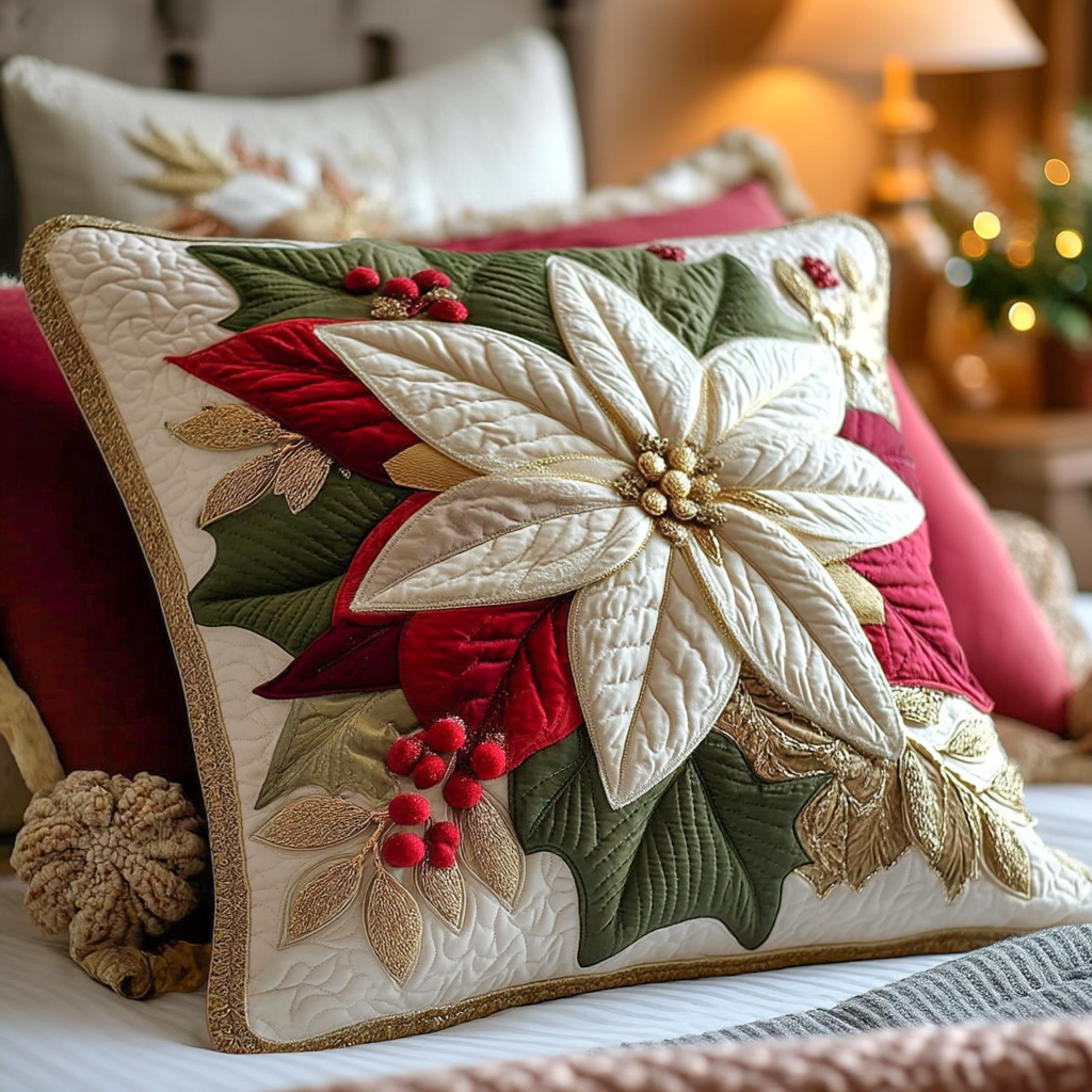 Poinsettia Christmas Bloom Quilted Pillow Case Christmas Sofa Pillow Covers Good Christmas Gifts