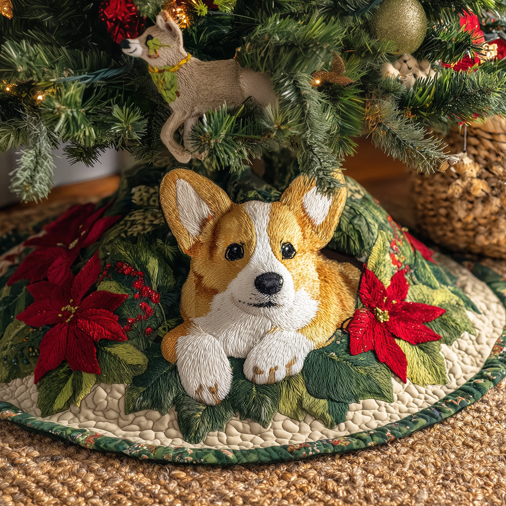 Poinsettia Corgi Cove Christmas Quilted Tree Skirt Winter Holiday Decor Corgi Gifts For Corgi Lovers