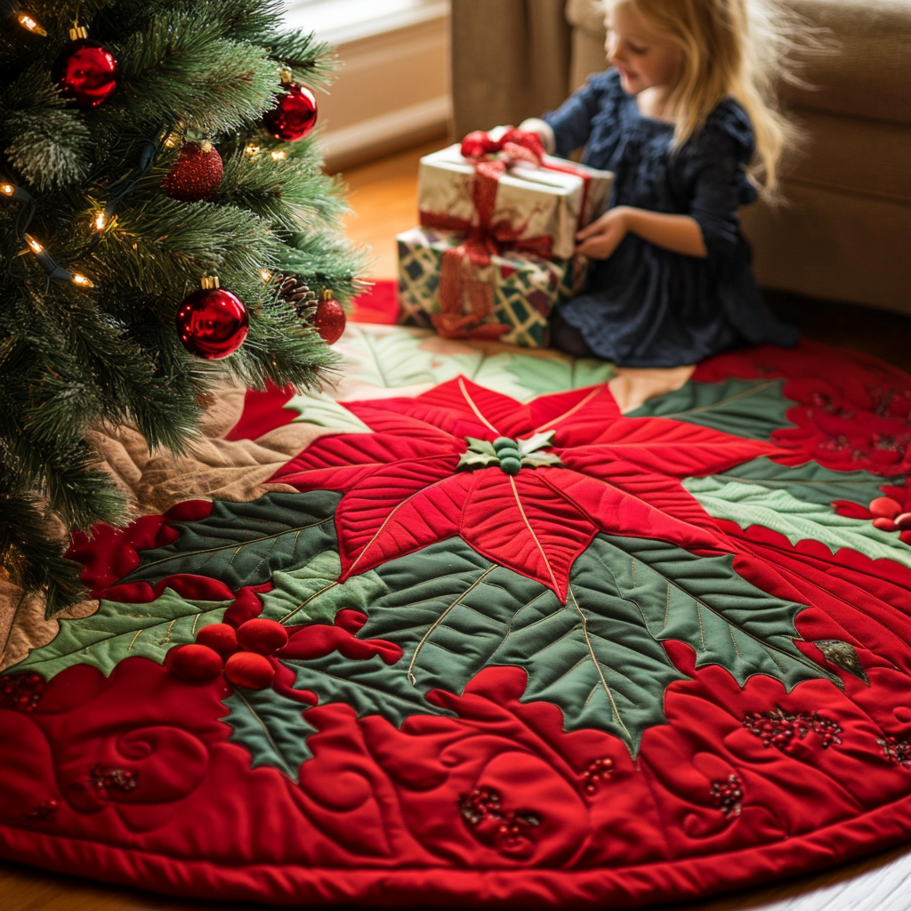 Poinsettia Delight Quilted Christmas Tree Skirt Perfect Tree Skirt Gift for Mom or Grandma Charming Tree Skirt for Family Gatherings