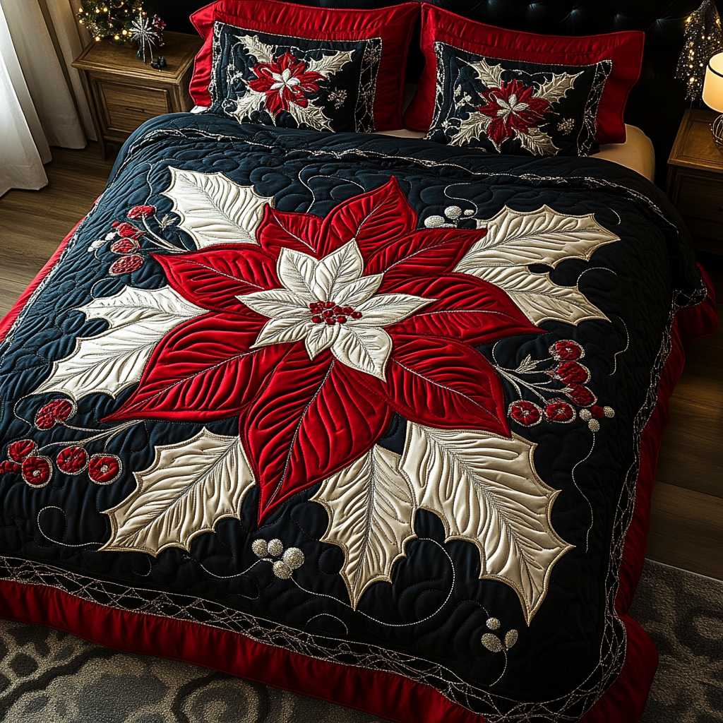 Poinsettia Dream Quilted Bedding Set Holiday Season Duvet Cover Set Unique Christmas Gifts 2025