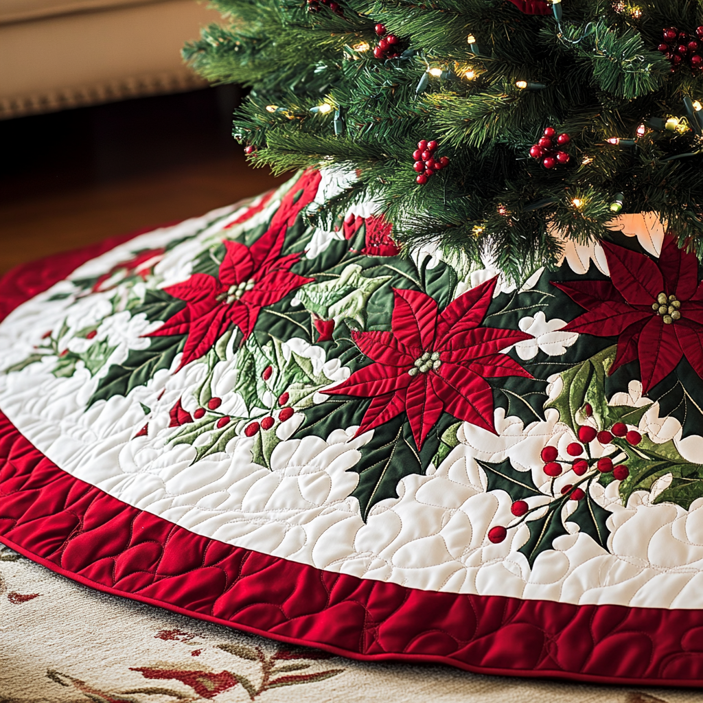 Poinsettia Elegance Christmas Quilted Tree Skirt Popular Gift Merch for Christmas Enthusiasts