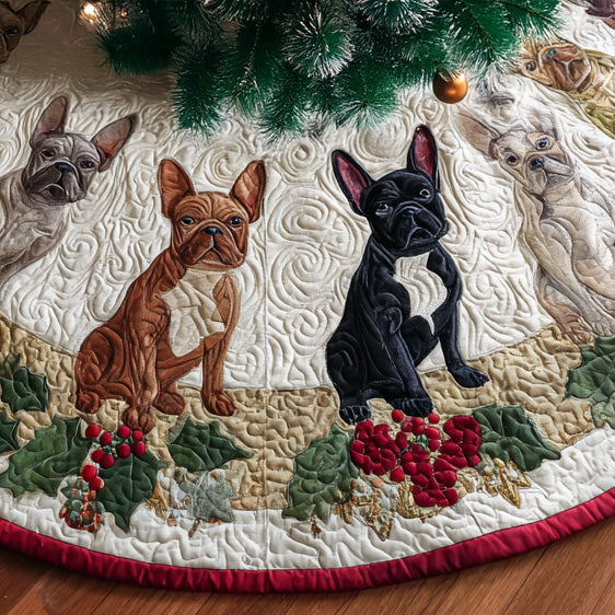 Poinsettia Frenchie Paws Quilted Christmas Tree Skirt Adorable Holiday Tree Skirt for Cozy Spaces