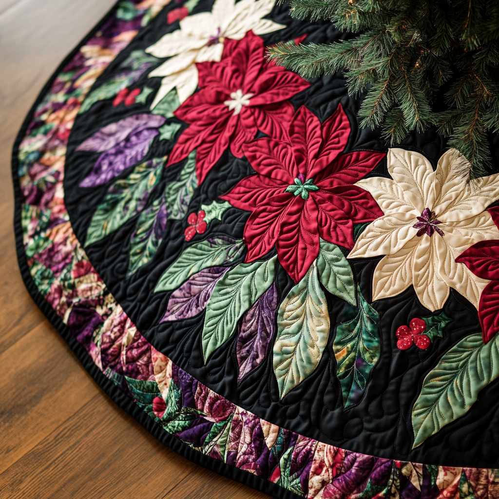 Poinsettia Garland Christmas Quilted Tree Skirt Classic Red and White Tree Skirt for Traditional Decor