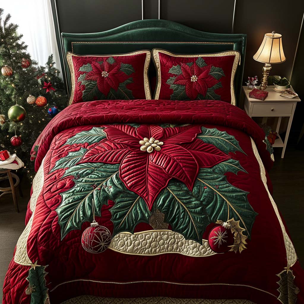 Poinsettia Glory Quilted Bedding Set Full Size Bed Set Holiday Cheer Gift For Children