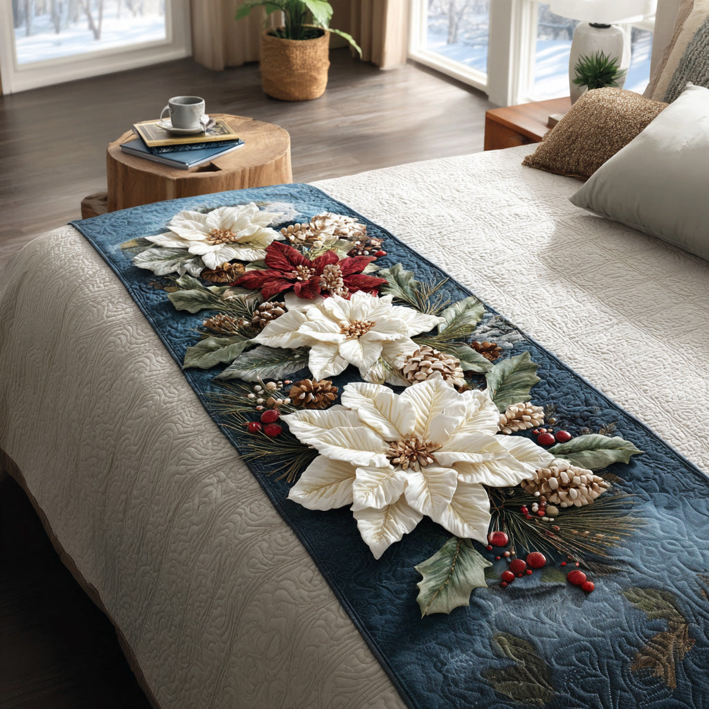 Poinsettia Glow Quilted Bed Runner Christmas Bed Decor Xmas Gifts For Family