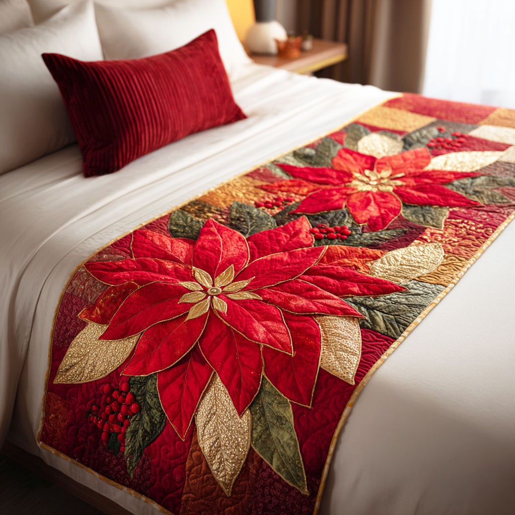 Poinsettia Glow Quilted Bed Runner Christmas Bedroom Decor Best Family Xmas Gifts