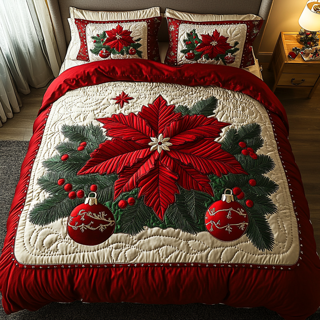 Poinsettia Glow Quilted Bedding Set Holiday Duvet Cover Set Christmas Gifts For Employees