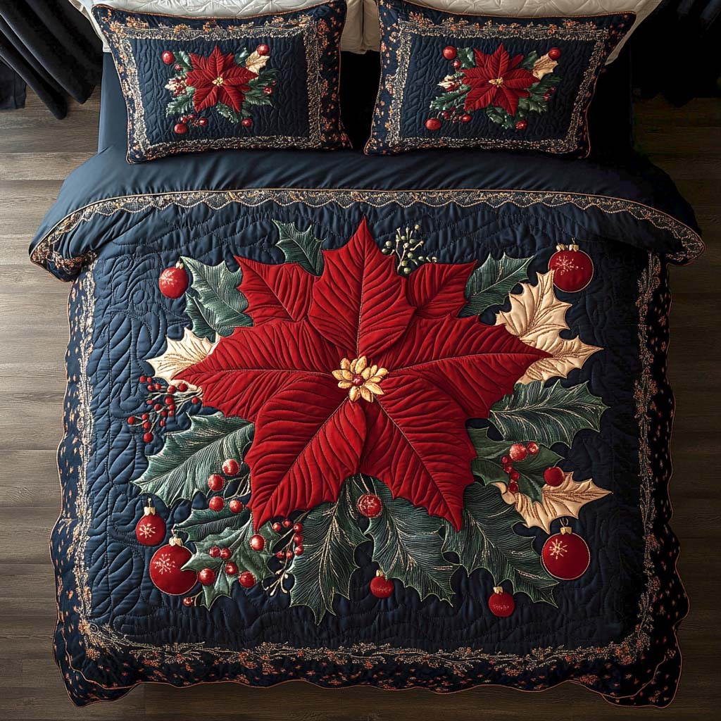 Poinsettia Holiday Glow Quilted Bedding Set Queen Size Comforter Festive Gift For Dad
