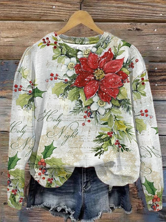 Poinsettia Holy Night Christmas Sweatshirt Holiday Winter Christmas Floral Gifts For Women