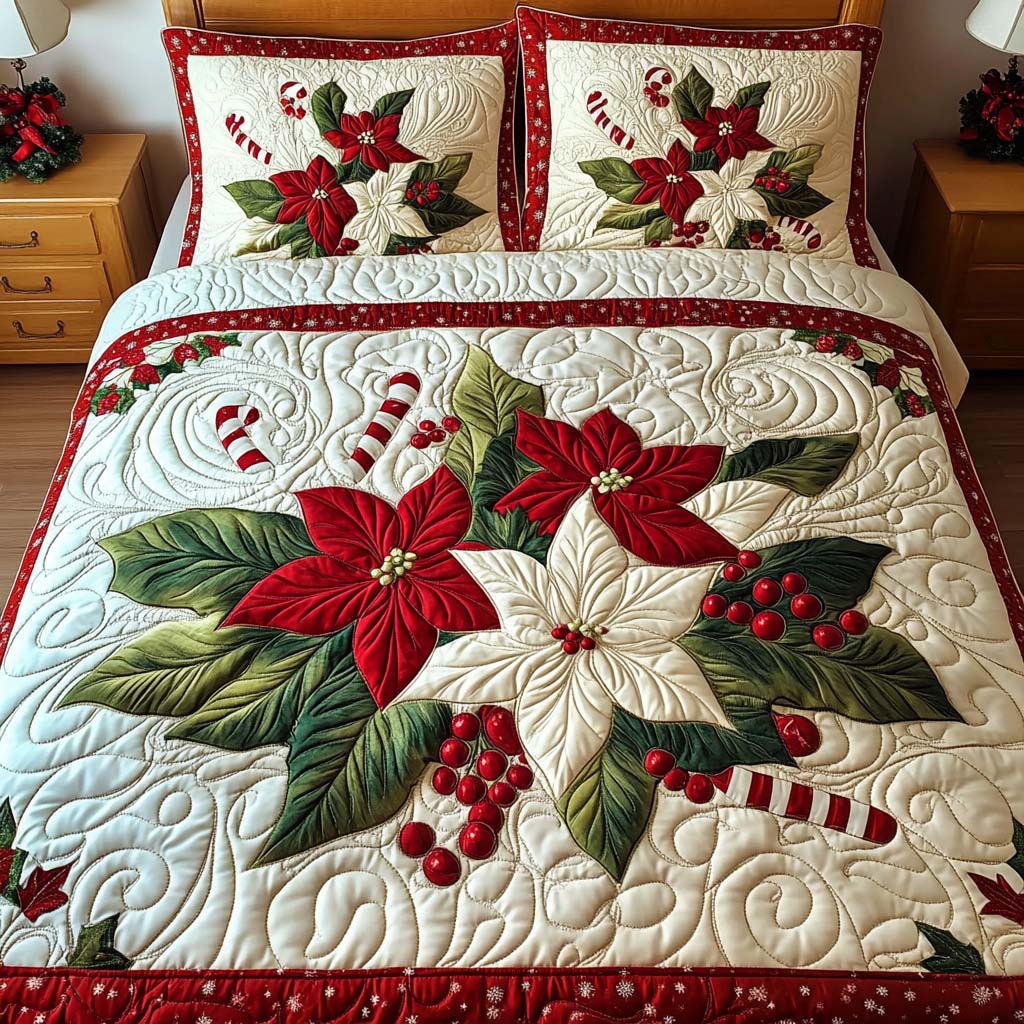 Poinsettia Joy Quilted Bedding Set Personalized Bedding Set Gift for Couples
