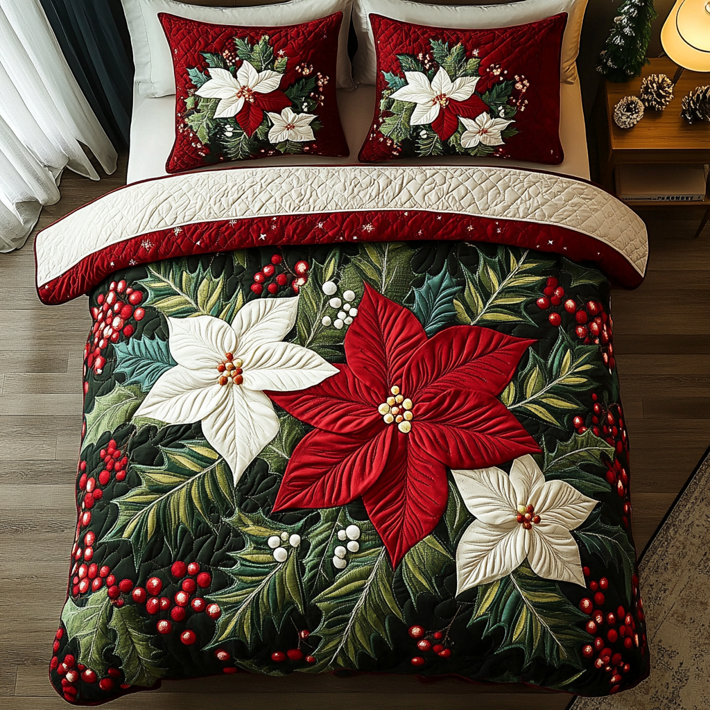 Poinsettia Joy Quilted Bedding Set Xmas Duvet Sets Good Christmas Gifts