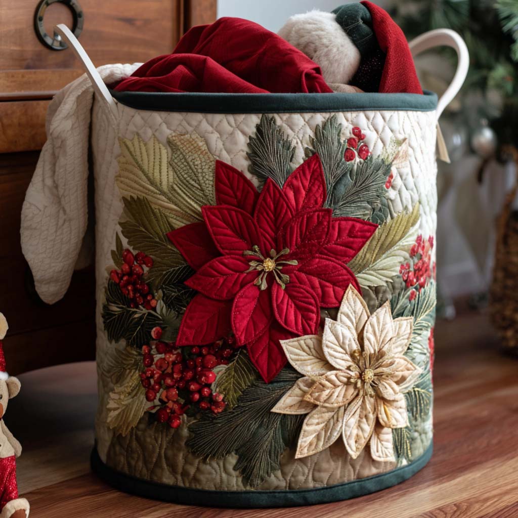 Poinsettia Joy Quilted Laundry Basket Perfect Gift For Your House