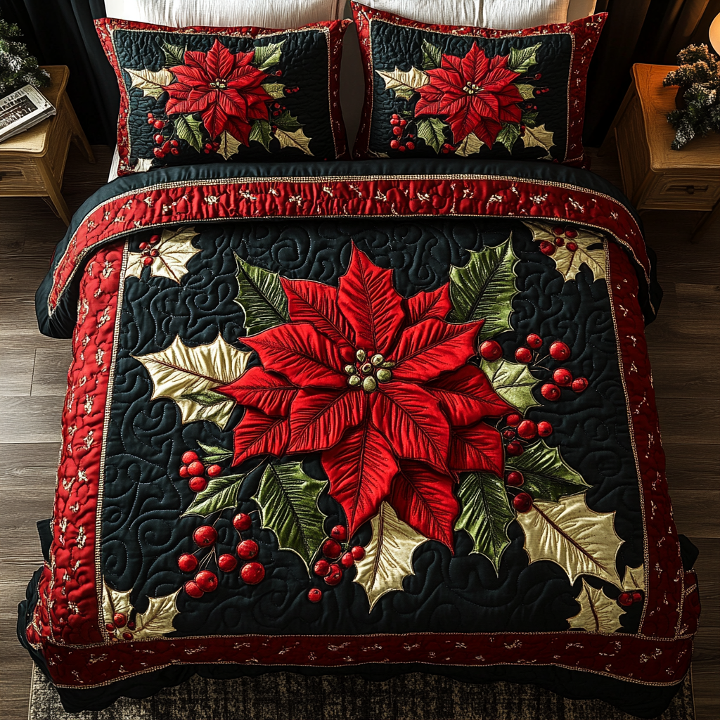 Poinsettia Magic Quilted Bedding Set Holiday Duvet Sets Secret Santa Pressent Ideas