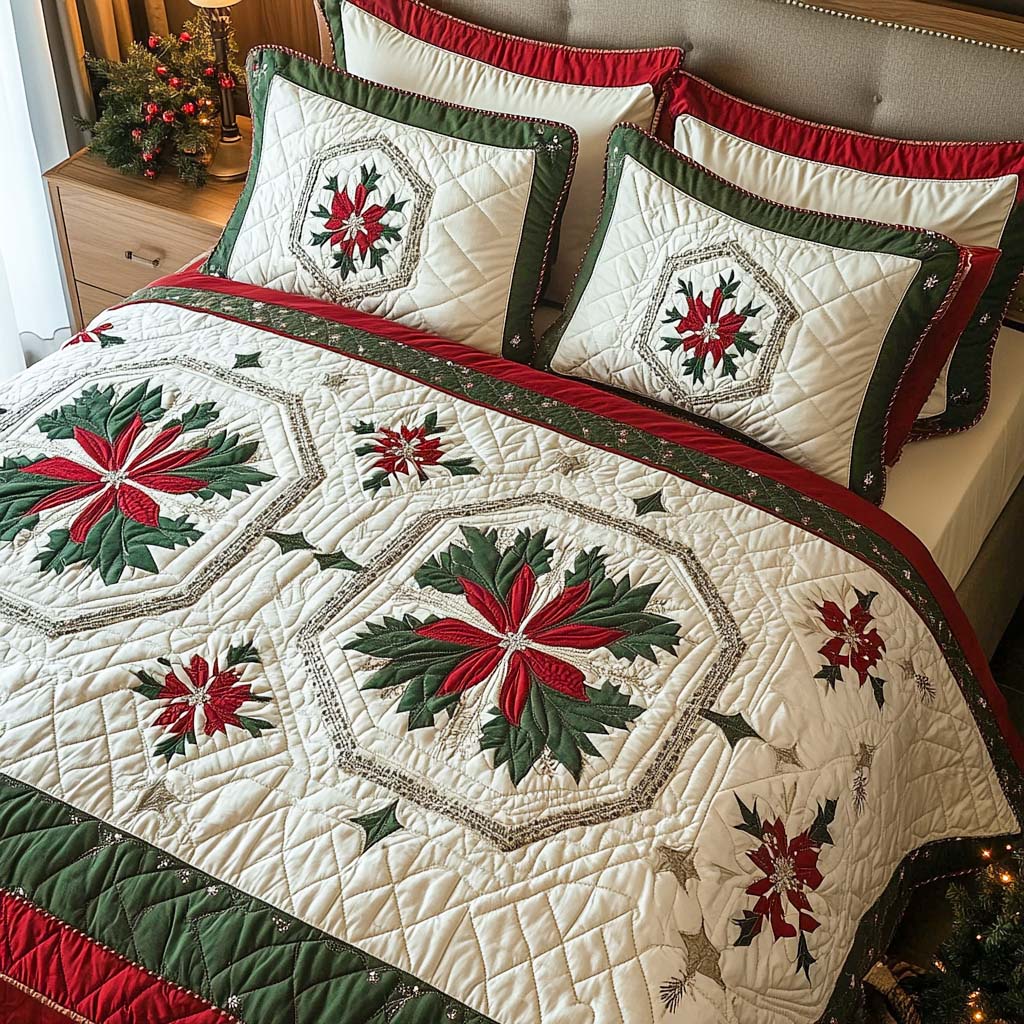 Poinsettia Medallion Quilted Bedding Set Xmas Duvet Cover Set Romantic Christmas Gifts