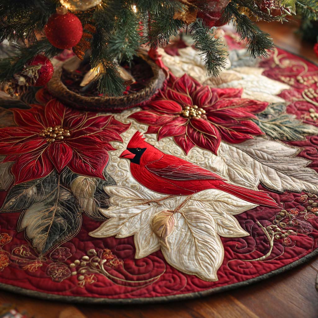 Poinsettia Nest Whisper Quilted Tree Skirt Xmas Tree Bottom Cover Unique Cardinal Gifts