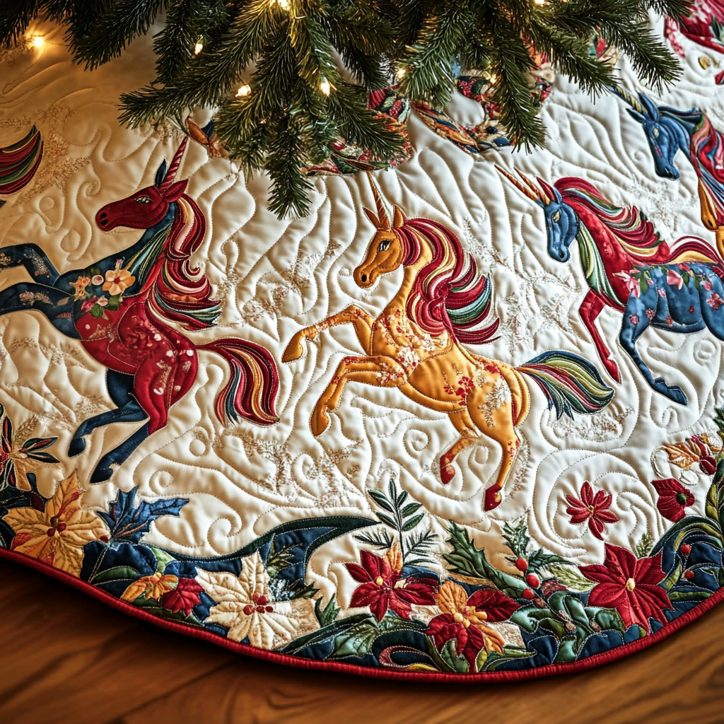 Poinsettia Prance Christmas Quilted Tree Skirt Perfect Holiday Gift for Home Decor Lovers