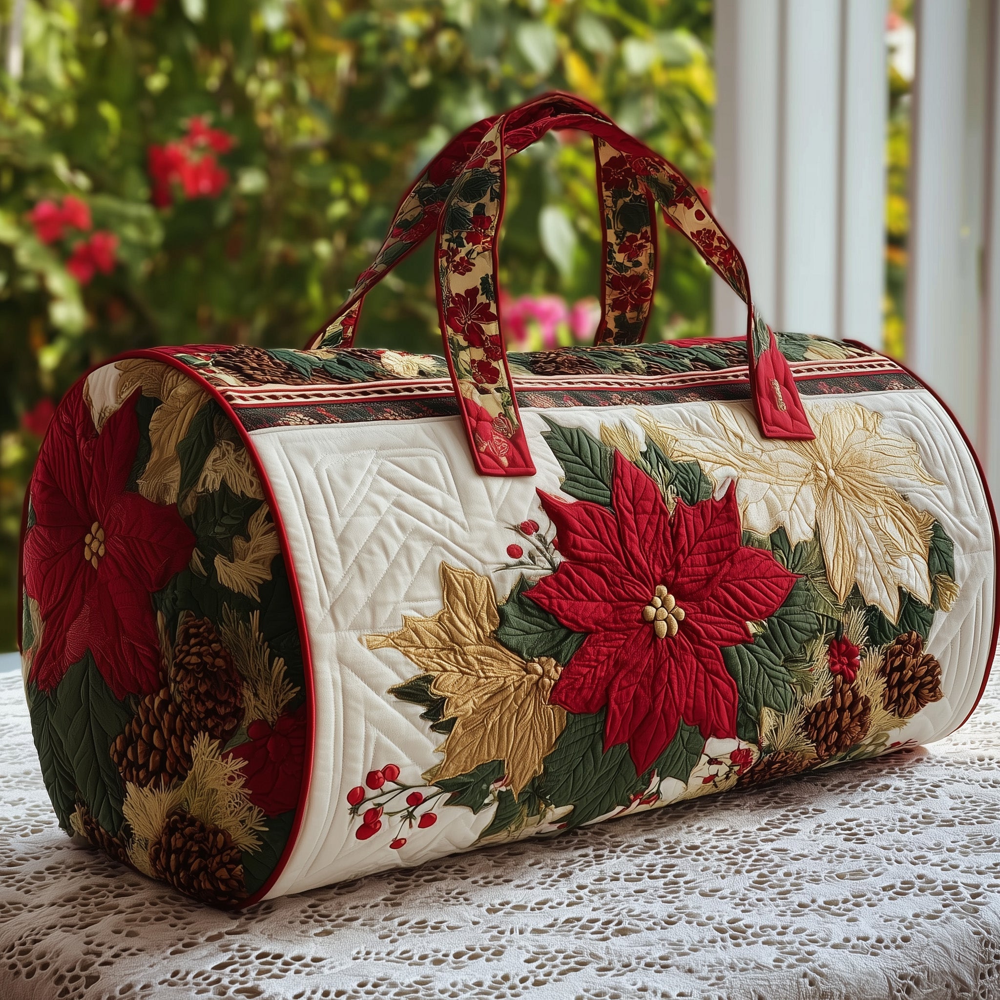 Poinsettia Quilted Duffle Bag Gift For Family