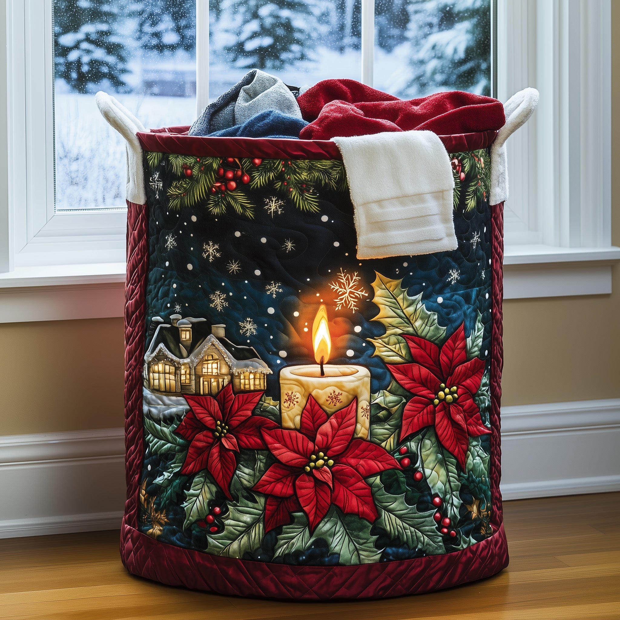 Poinsettia Quilted Laundry Basket Christmas Gifts For Flower Lovers