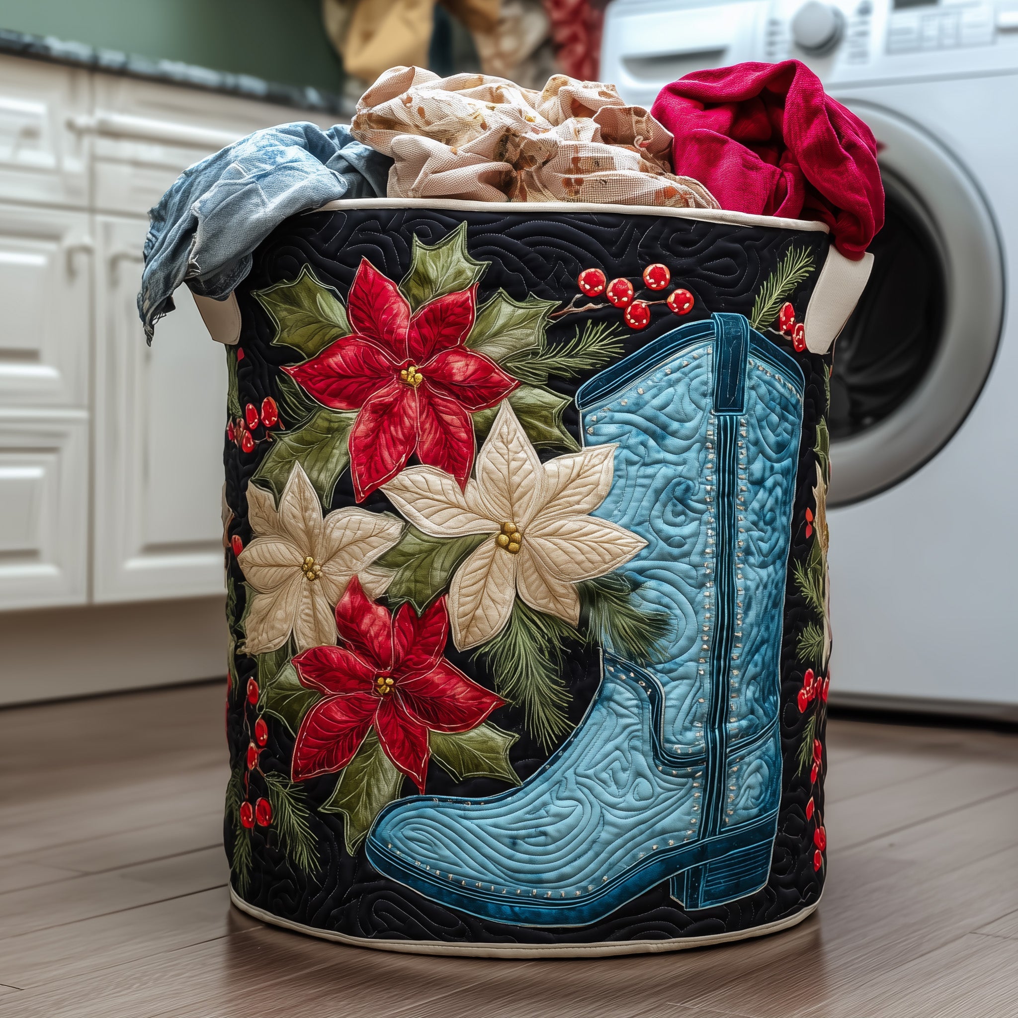 Poinsettia Quilted Laundry Basket Easter Merch Gift