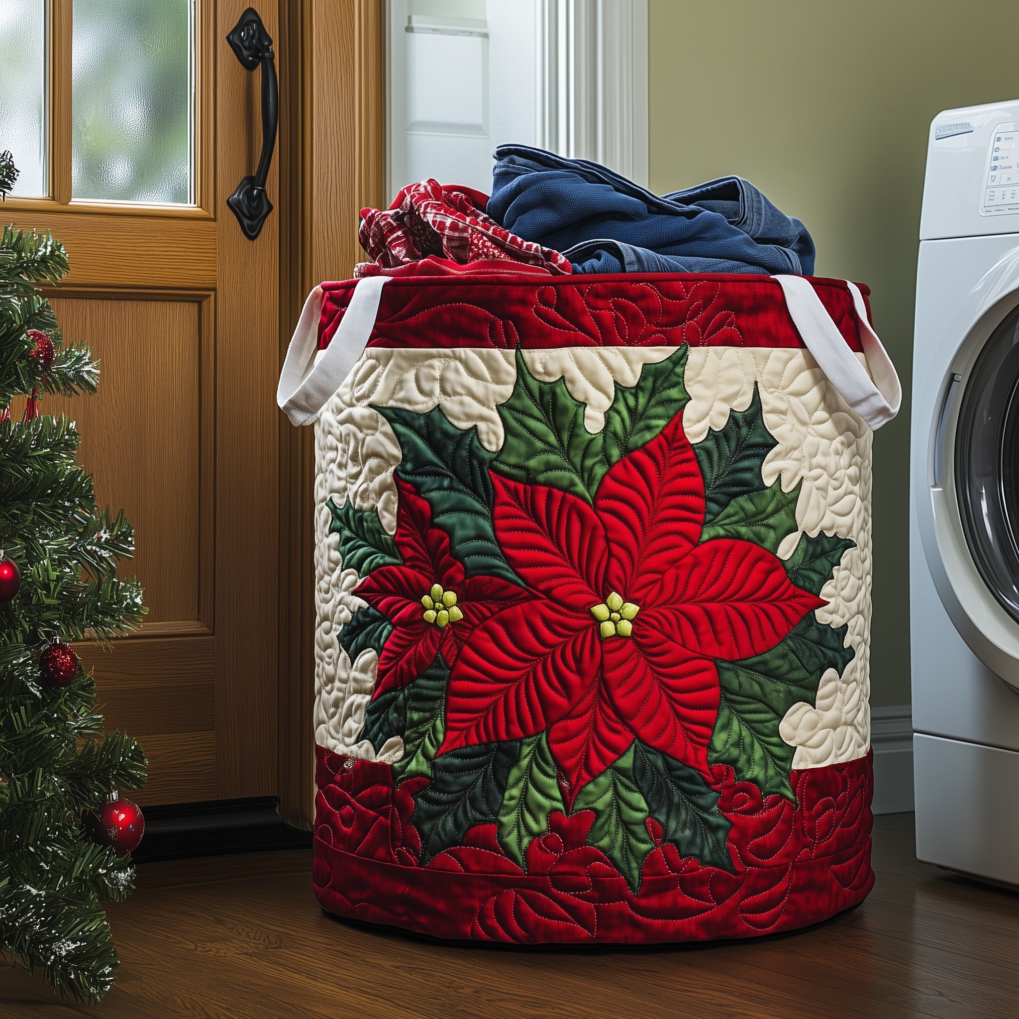 Poinsettia Quilted Laundry Basket Graduation Merch Gift