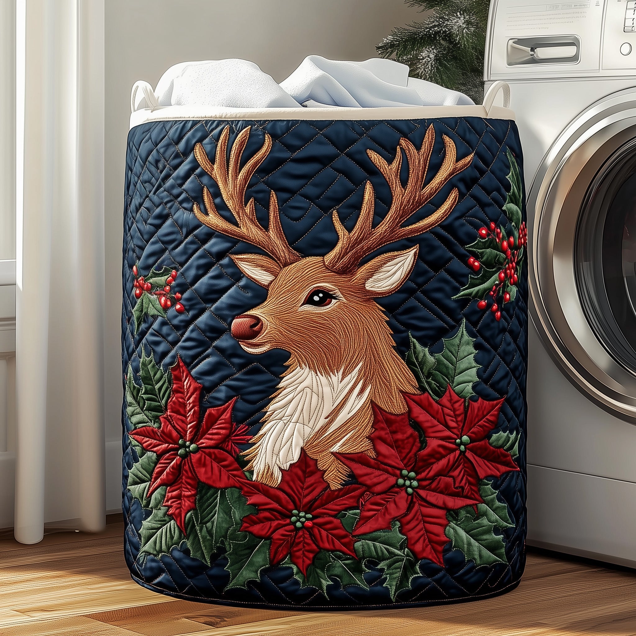 Poinsettia Quilted Laundry Basket Inreindeer Christmas Tree Decorations