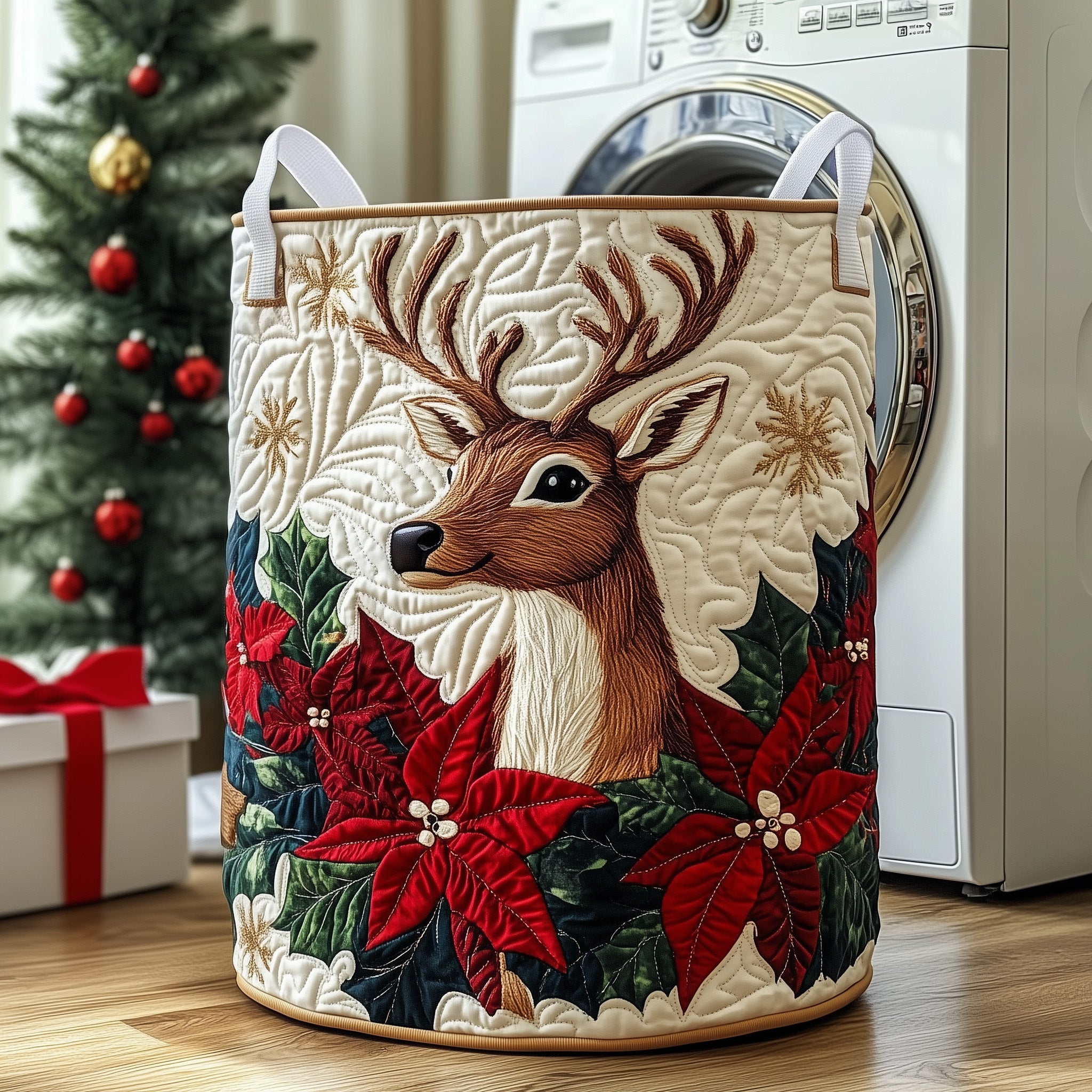 Poinsettia Quilted Laundry Basket Reindeer Gifts For Friends and Family