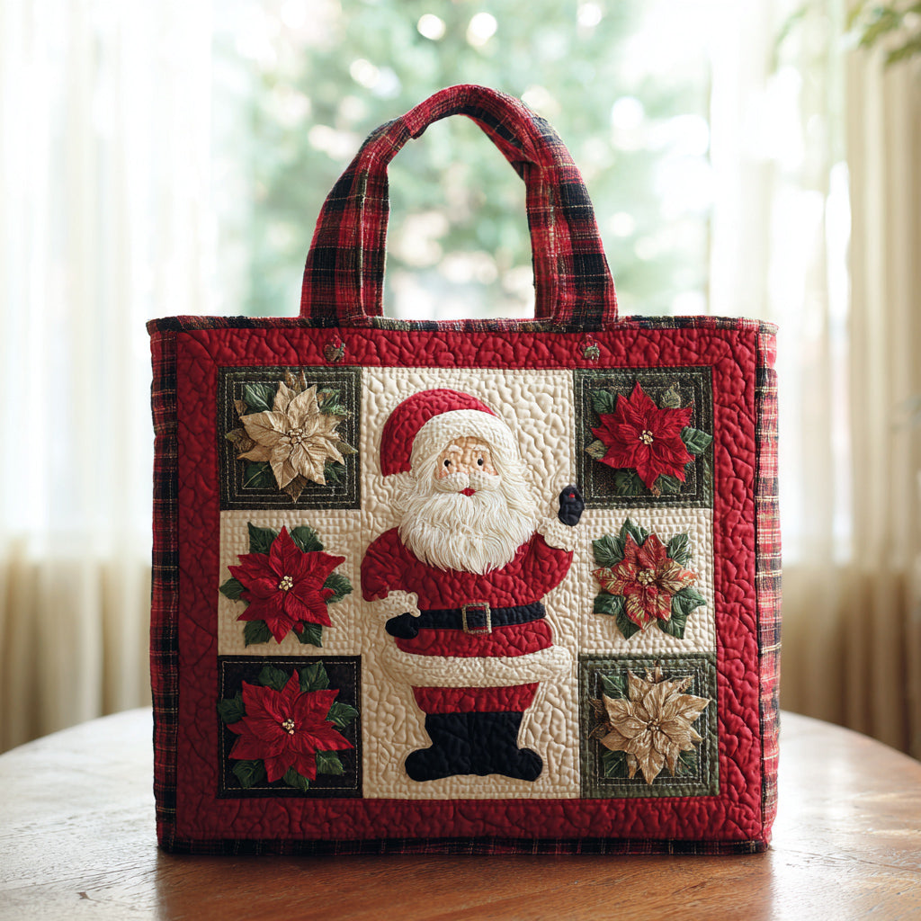 Poinsettia Santa Claus Quilted Tote Bag Secret Santa Presents