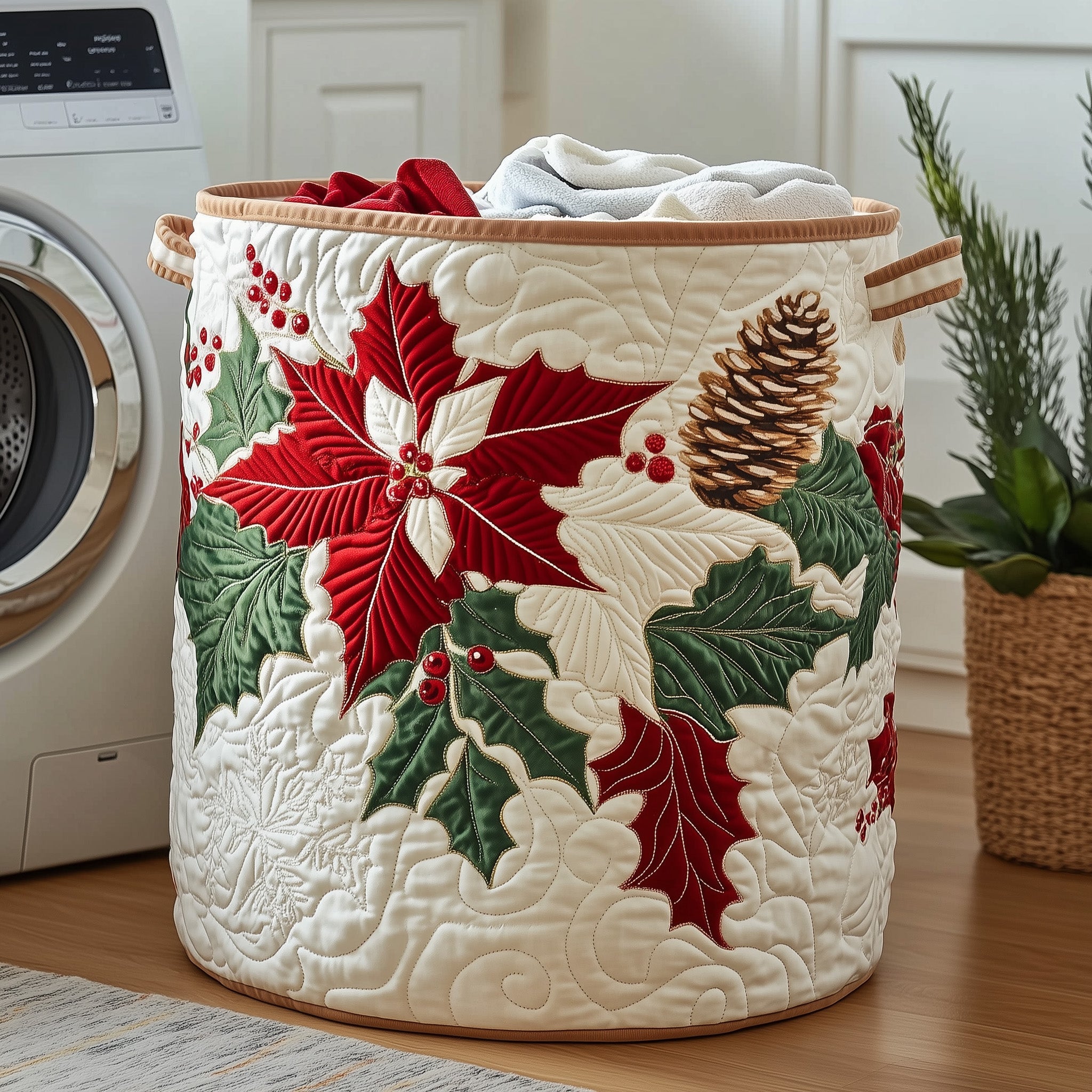 Poinsettia Spirit Quilted Laundry Basket Christmas Gifts For Relatives