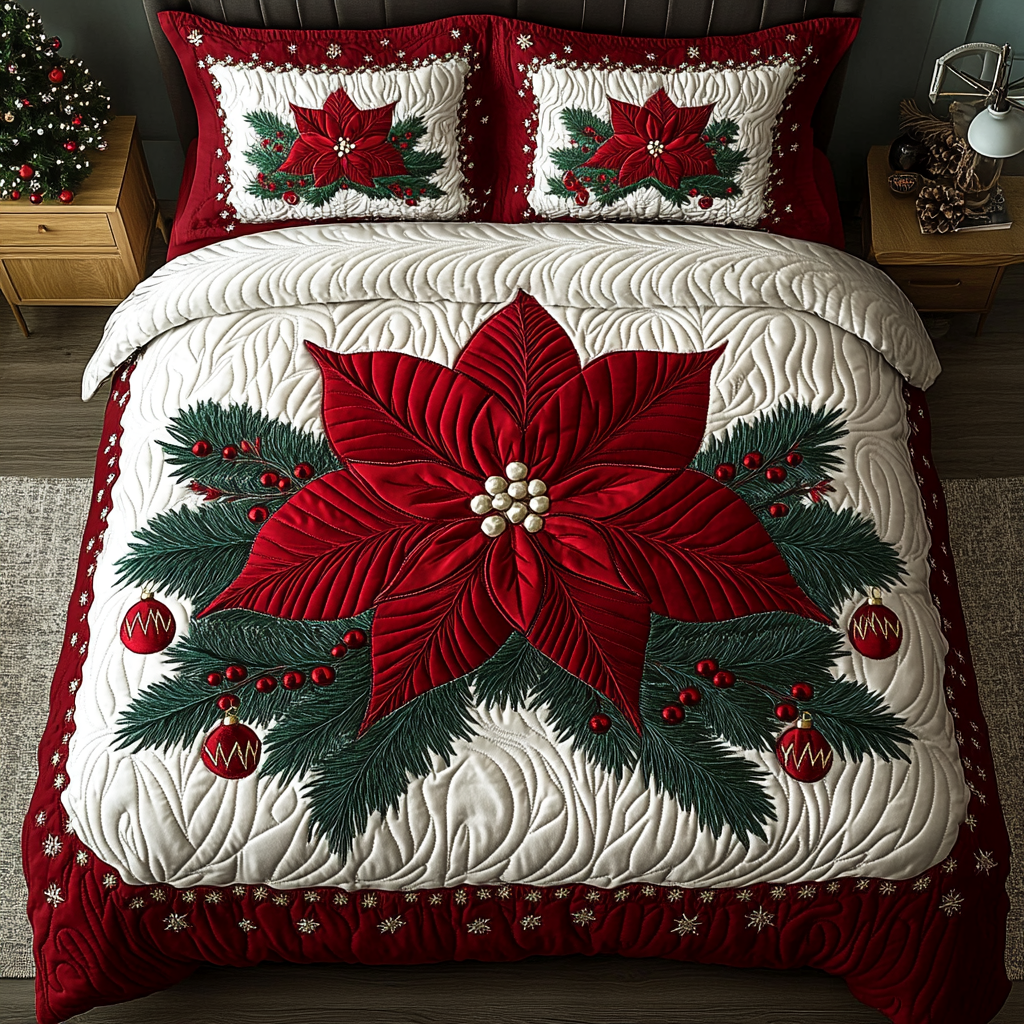 Poinsettia Star Quilted Bedding Set Holiday Duvet Covers Awesome Christmas Gifts 2025