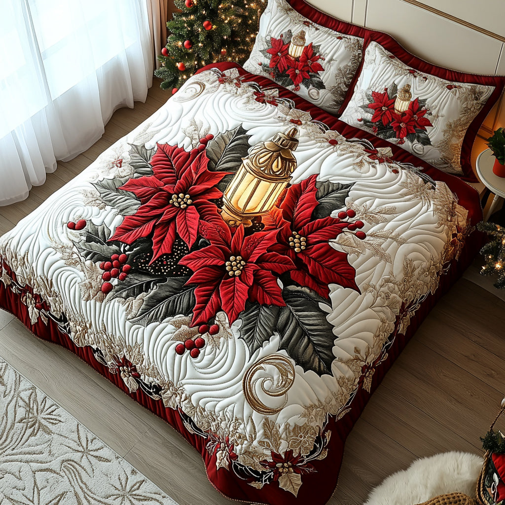 Poinsettia Warmth Quilted Bedding Set Queen Size Comforter Festive Gift For Husband