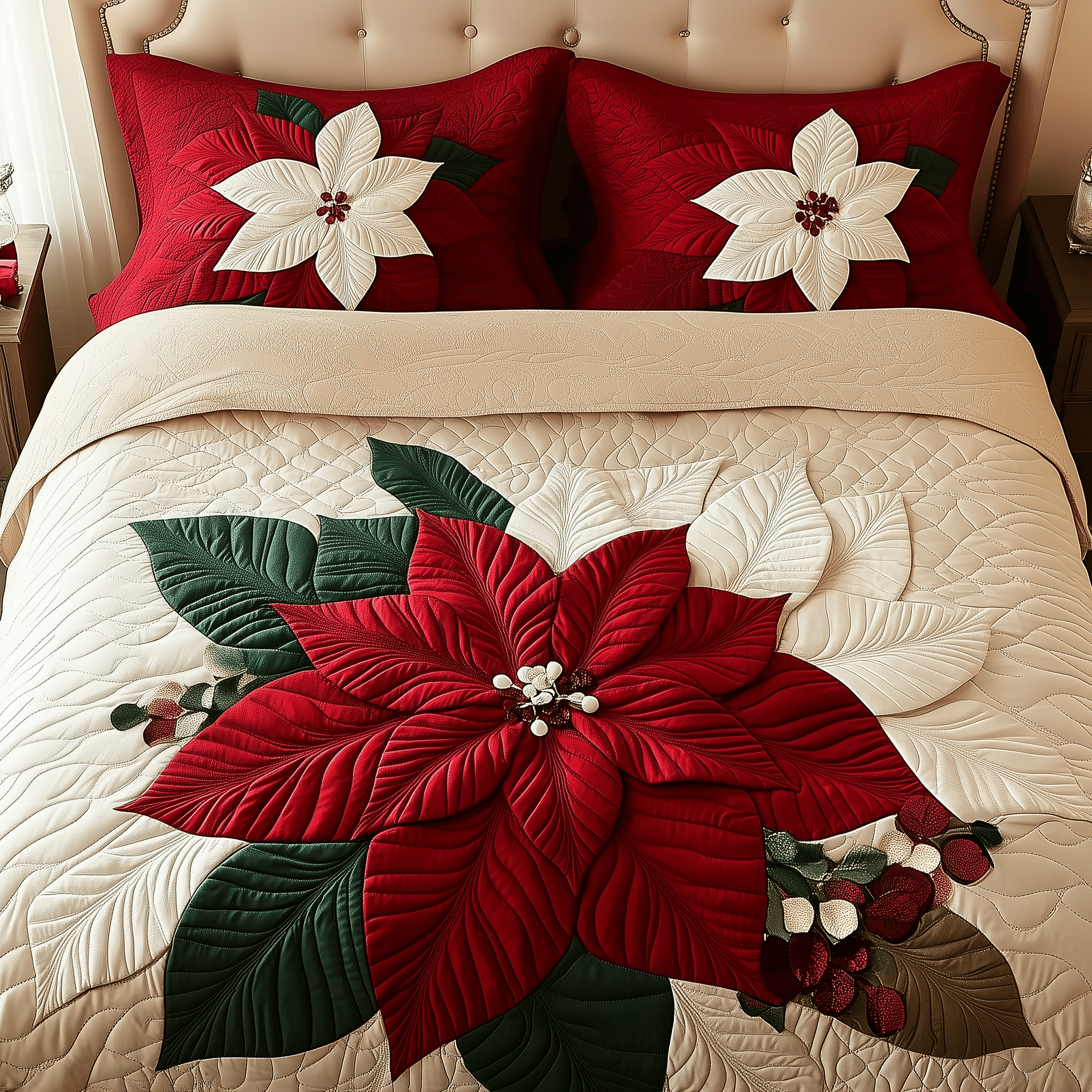 Poinsettias Quilted Bedding Set Christmas Bedding Set Anniversary Gifts For Couples