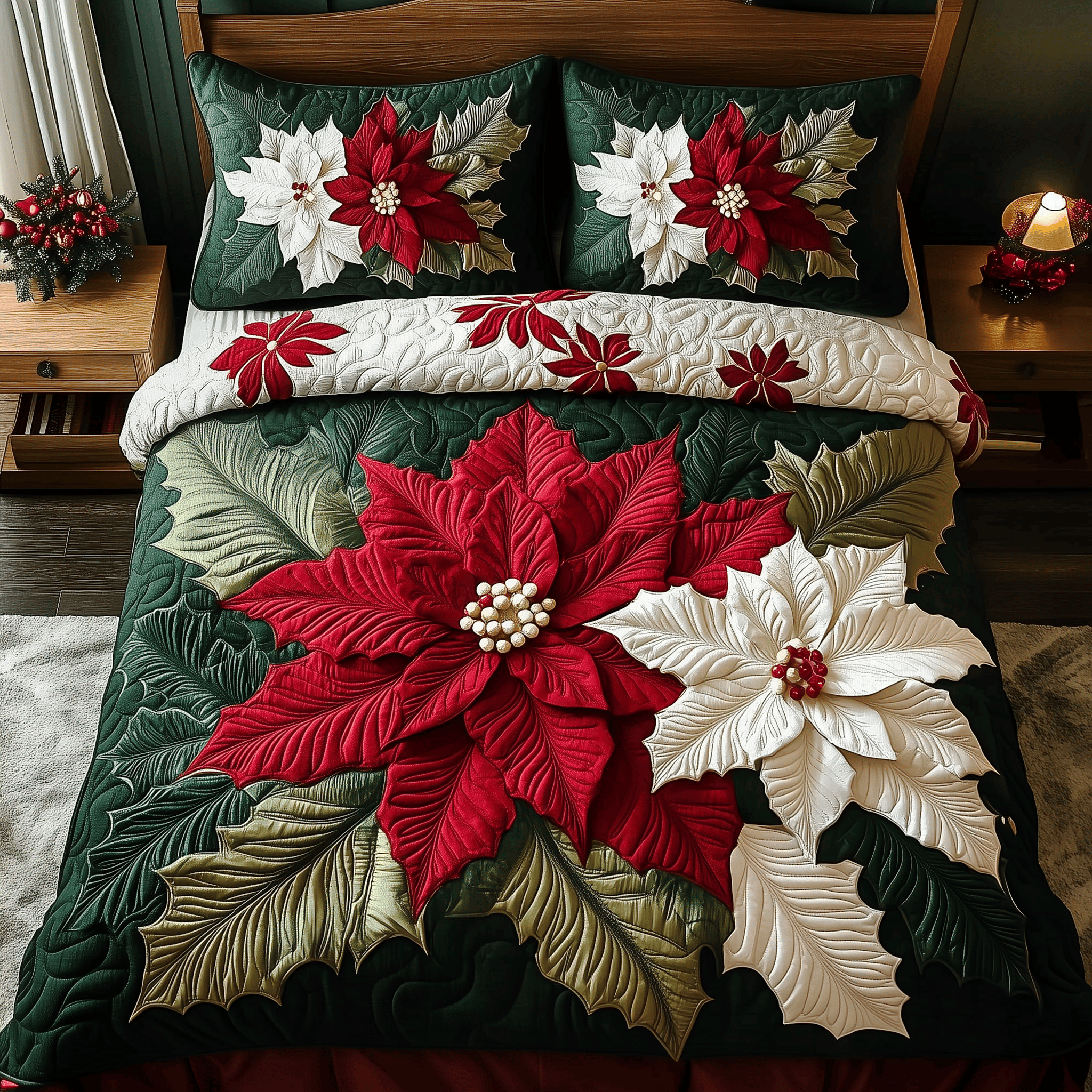 Poinsettias Quilted Bedding Set Christmas Bedding Set Gift Experiences For Grandmother
