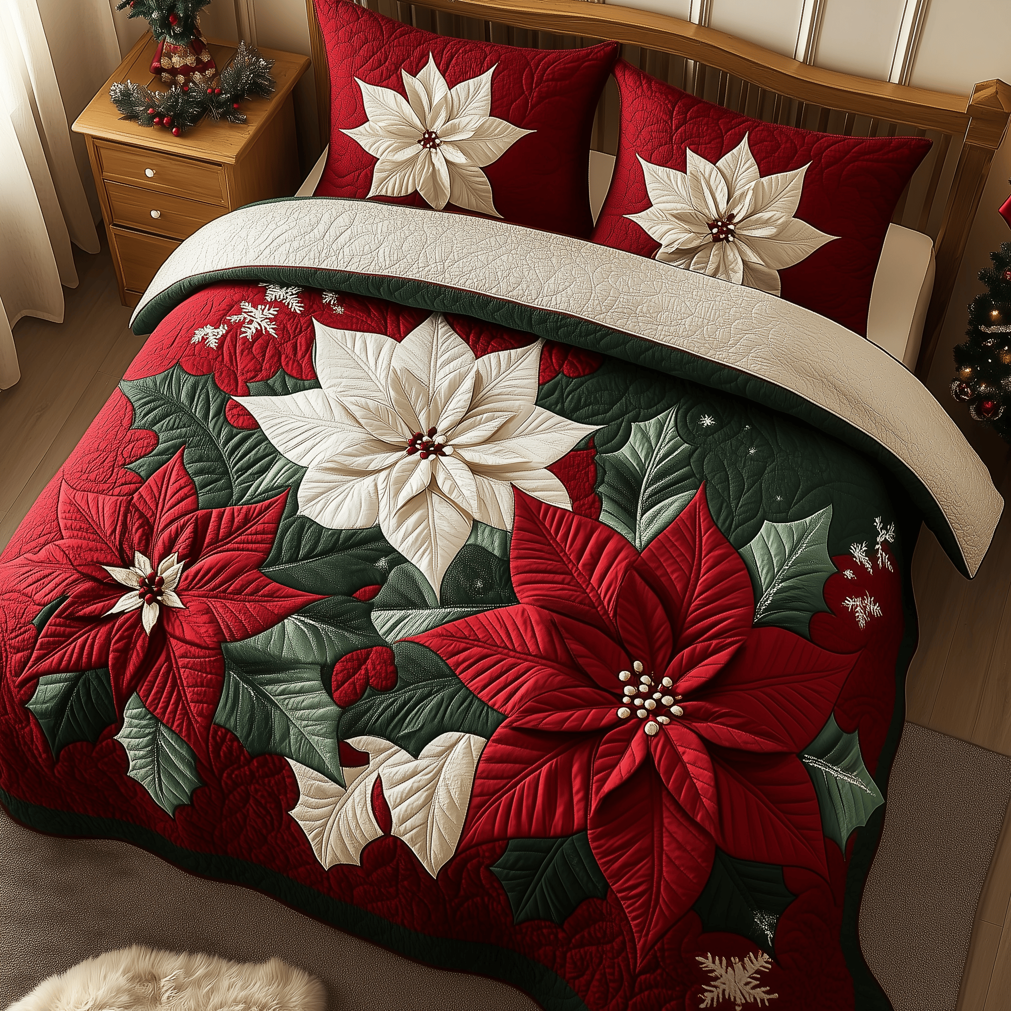Poinsettias Quilted Bedding Set Gifts For Flower Enthusiasts