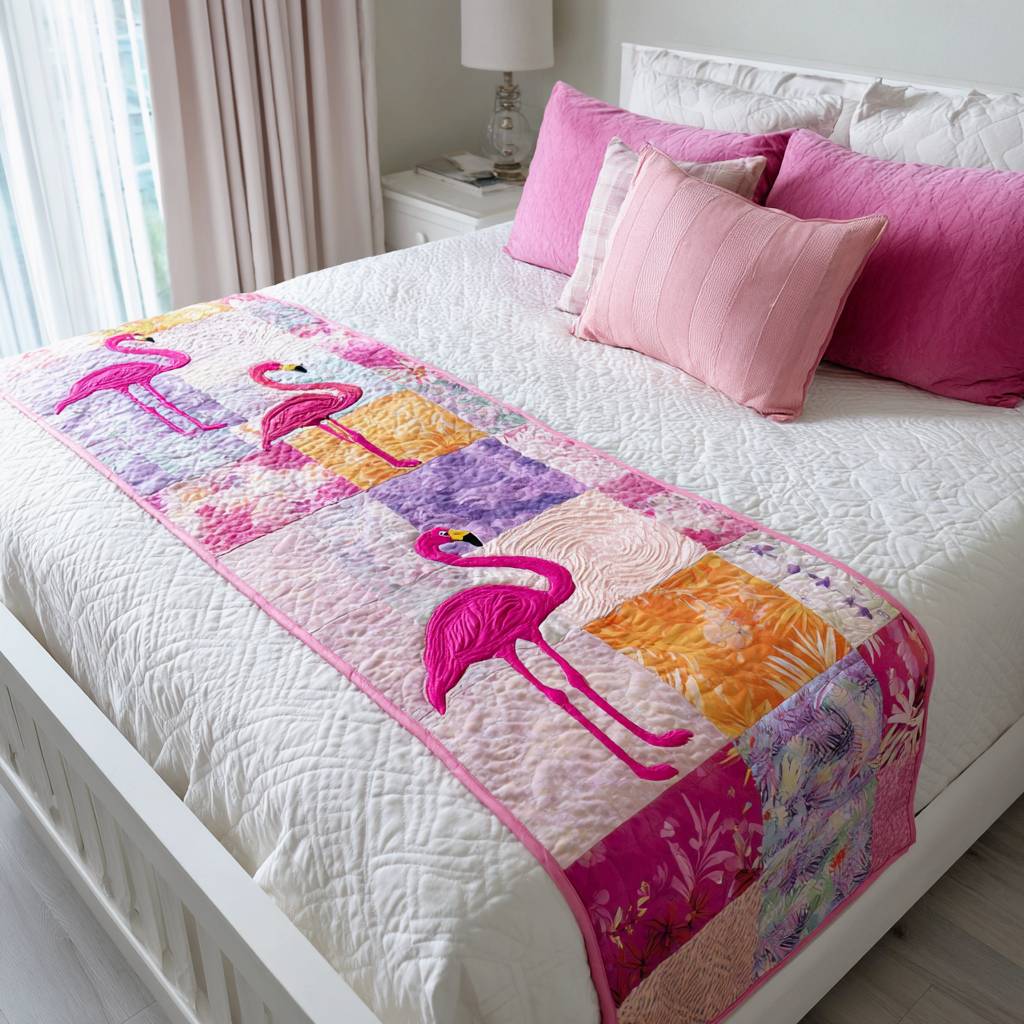 Poised in Pink Quilted Bed Runner Aesthetic Room Decor Flamingo Novelty Gifts