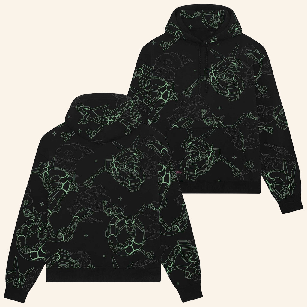 Pokemon Merch Pokemon x Dolly Noire Rayquaza Pattern Black Hoodie Birthday Gift For Son
