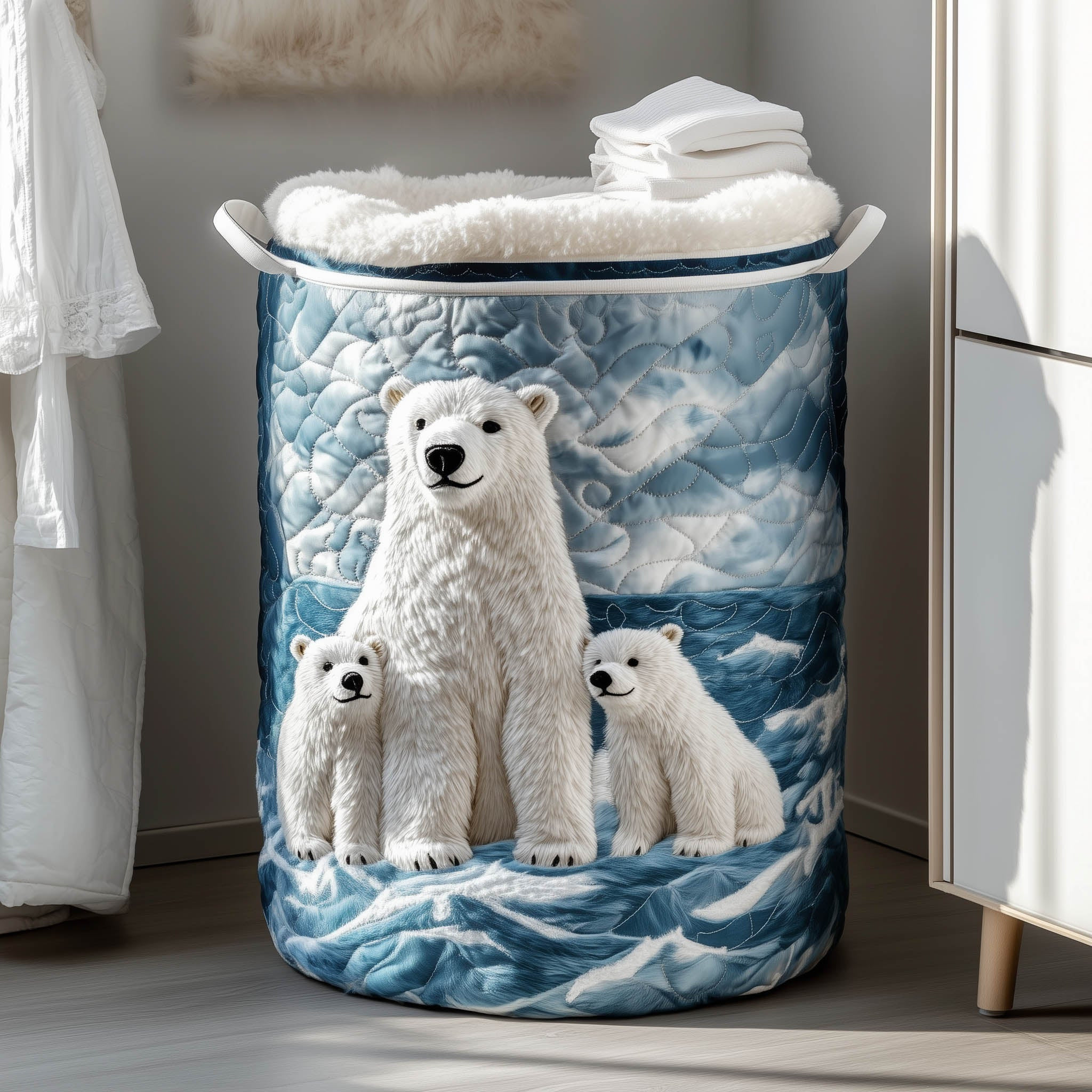 Polar Cub Quilted Laundry Basket Modern Home Decor Polar Bear Lover Gifts