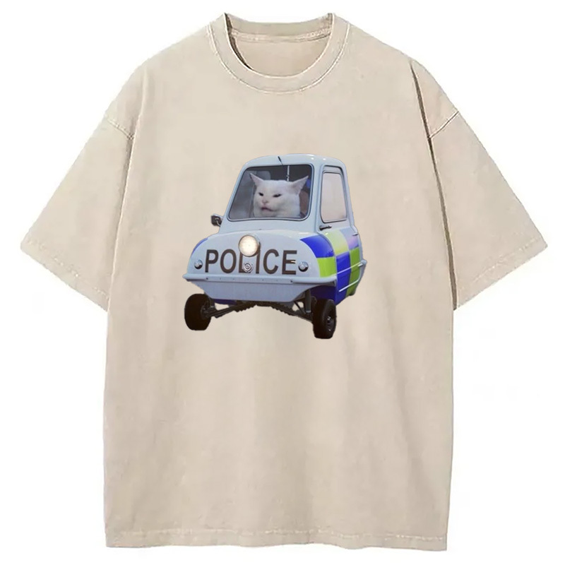 Police Cat Meme Washed T-Shirt Cool Graphic Tee For Men Women Gifts For Friends