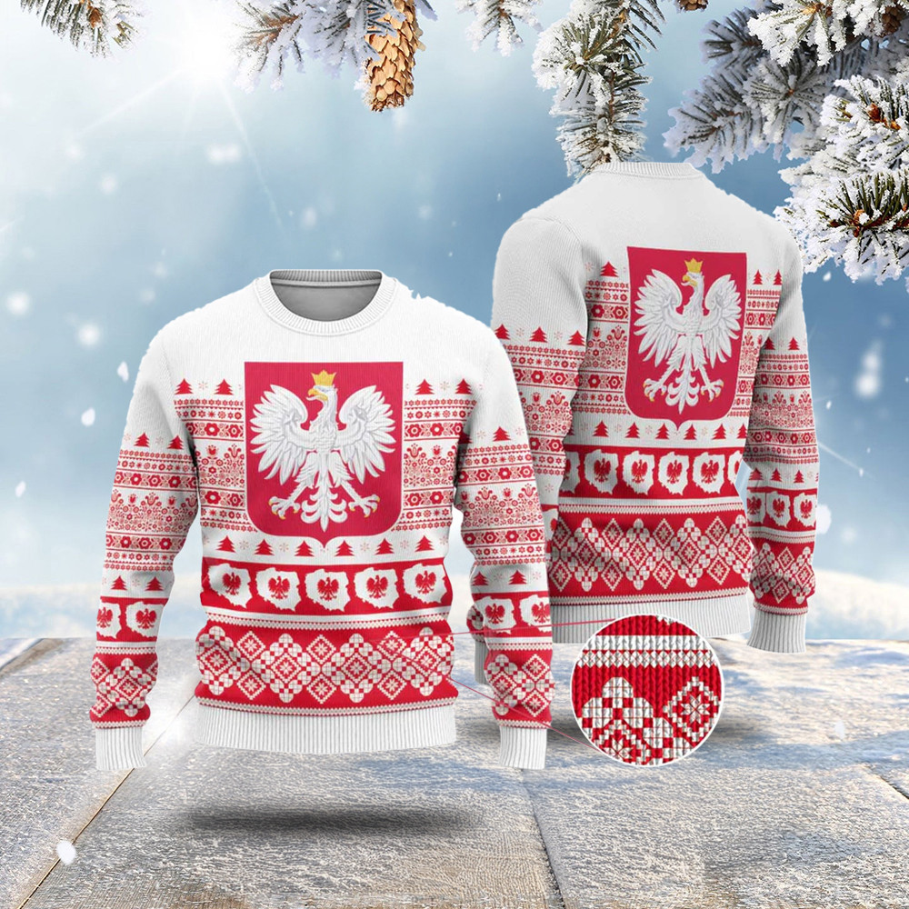 Polish Christmas Ugly Christmas Sweater - Poland Emblem and Lachy Sadeckie Pattern