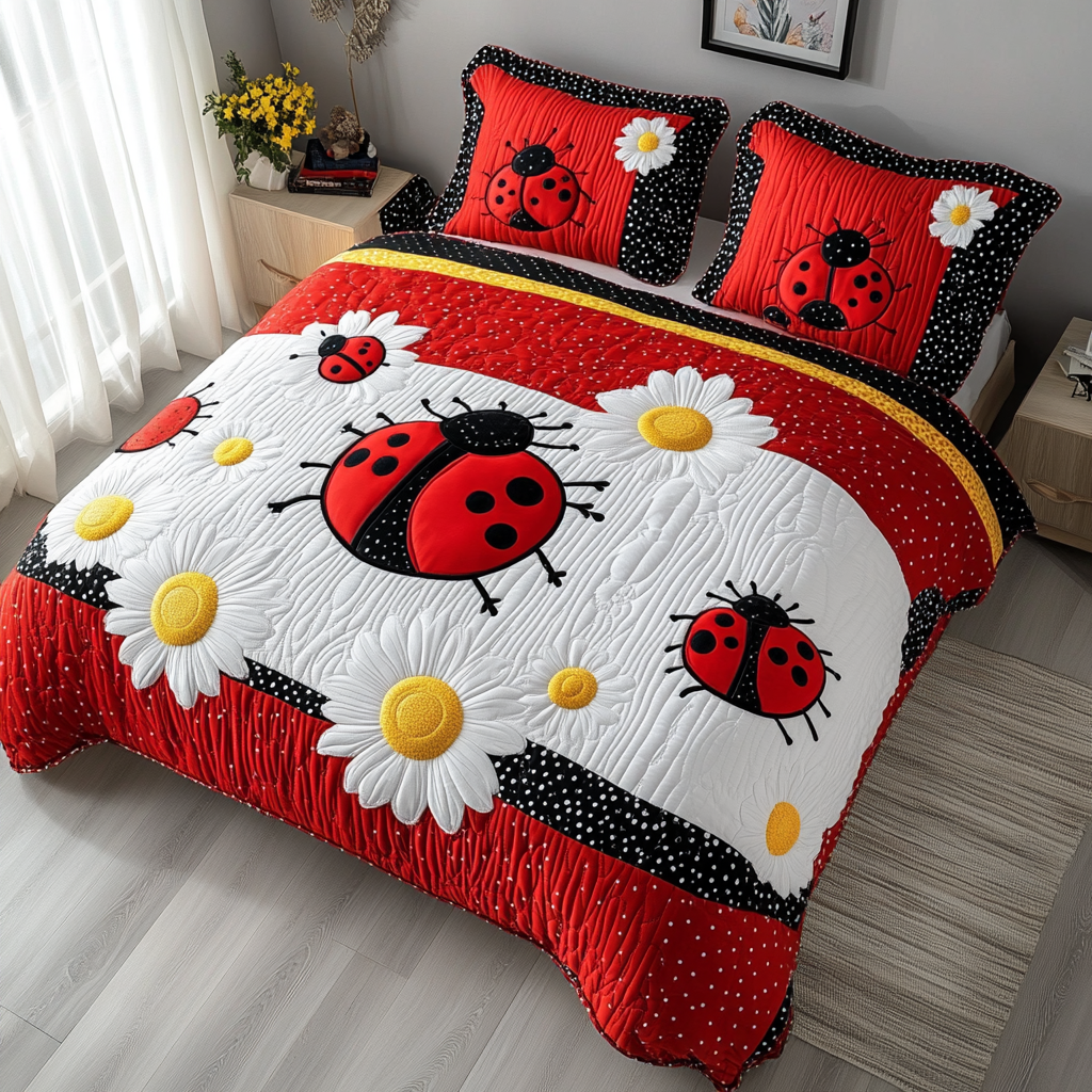 Polka Dot Charm Quilted Bedding Set Aesthetic Room Decor Ladybug Gifts For Mom