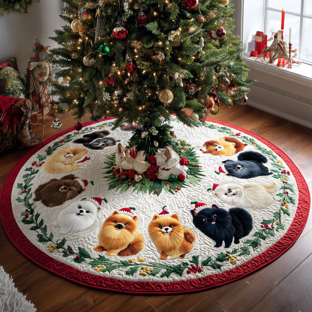 Pom Holly Charm Christmas Quilted Tree Skirt Xmas Indoor Decorations Cute Dog Owner Gift Ideas