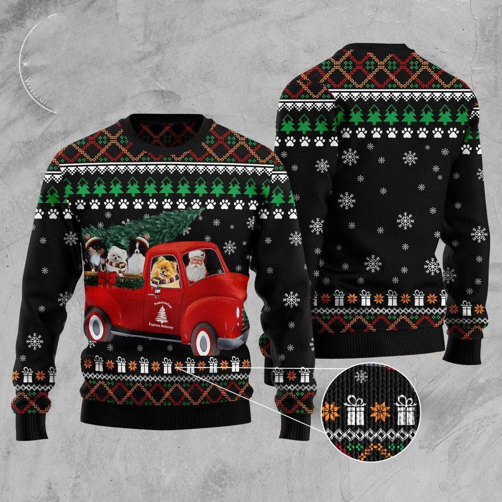 Pomeranian And Red Truck Ugly Christmas Sweater Funny Ugly Christmas Sweater Best Christmas Gifts