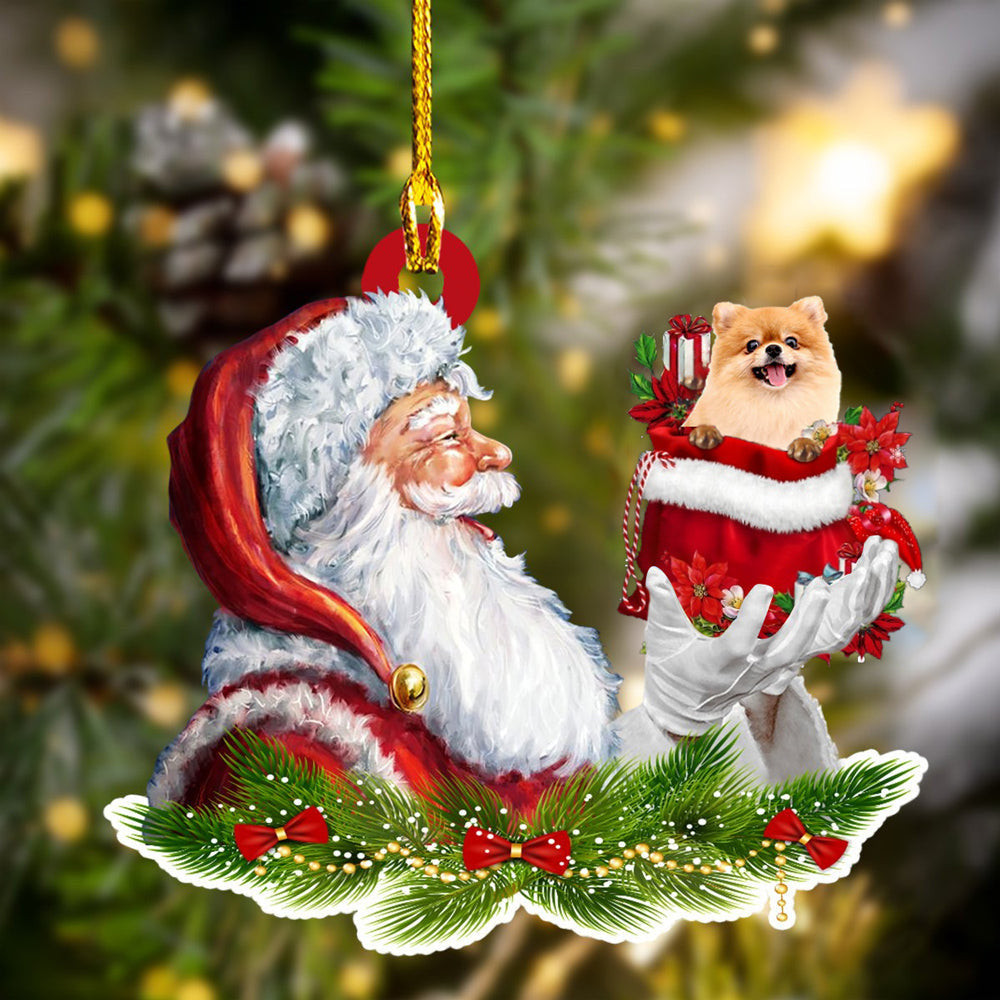 Pomeranian and Santa Christmas Ornament for Dog Lovers Dog Mom Acrylic Dog Ornament