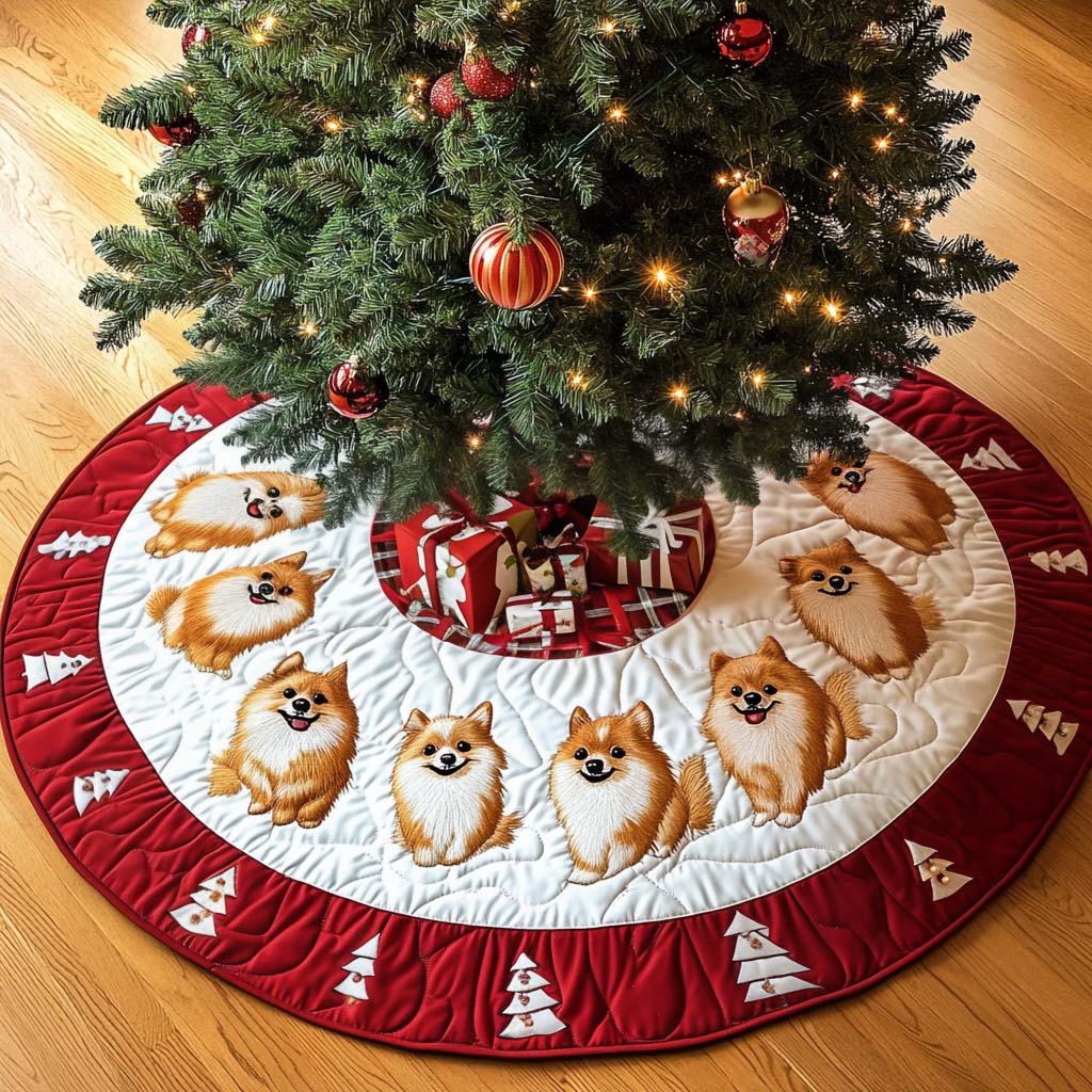 Pomeranian Bliss Christmas Quilted Tree Skirt Holiday Merch That Completes Your Christmas Setup