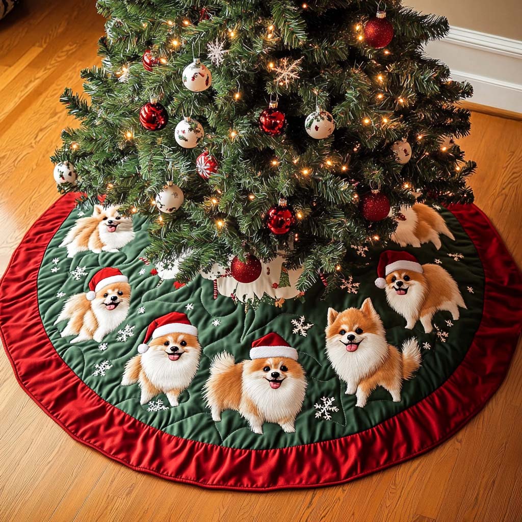 Pomeranian Charm Christmas Quilted Tree Skirt Popular Gift Merch for Christmas Enthusiasts