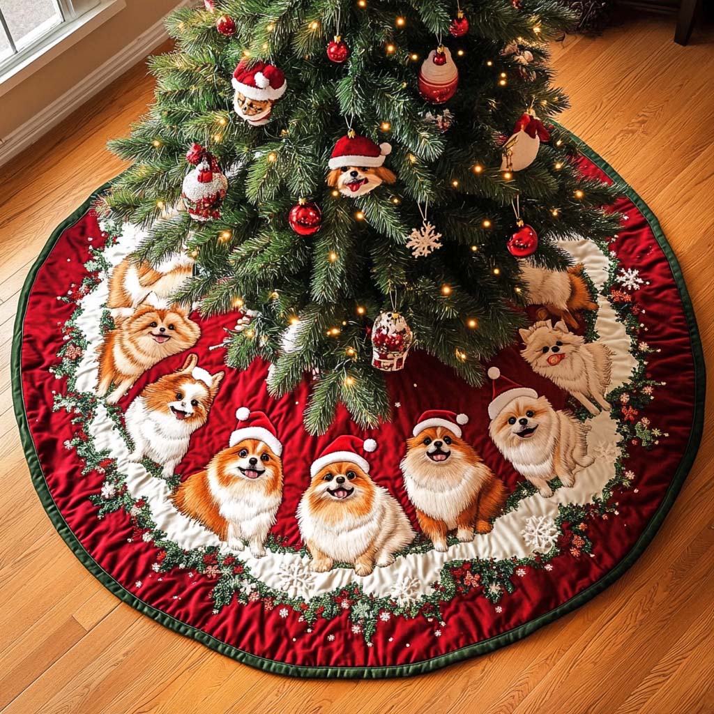 Pomeranian Delight Christmas Quilted Tree Skirt Thoughtful Christmas Tree Skirt Gift Idea